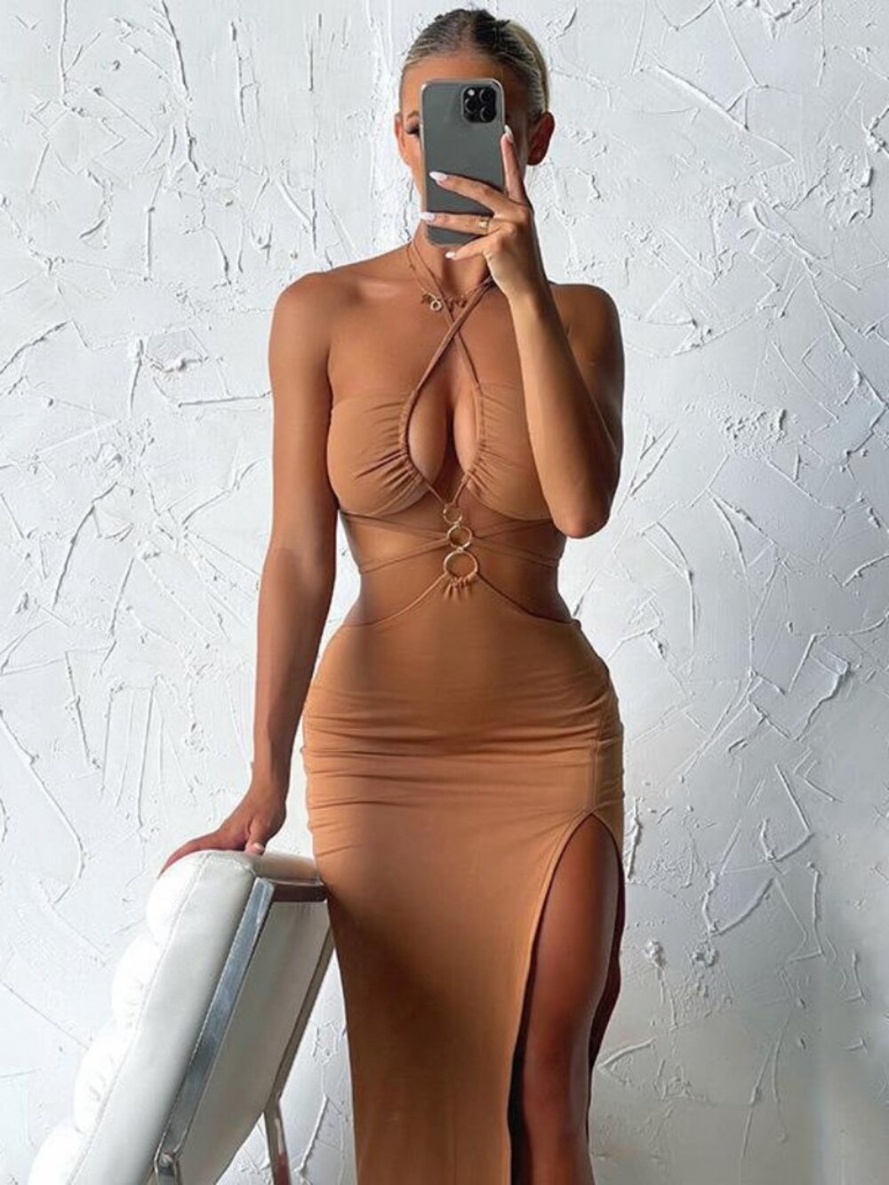 Cutout Lace Up High Slit Maxi Dress Brown Party Promessee S M L